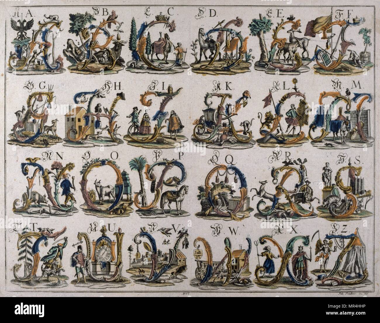 Le français, 18e siècle, l'illustration allégorique représentant un alphabet illustré populaire Banque D'Images