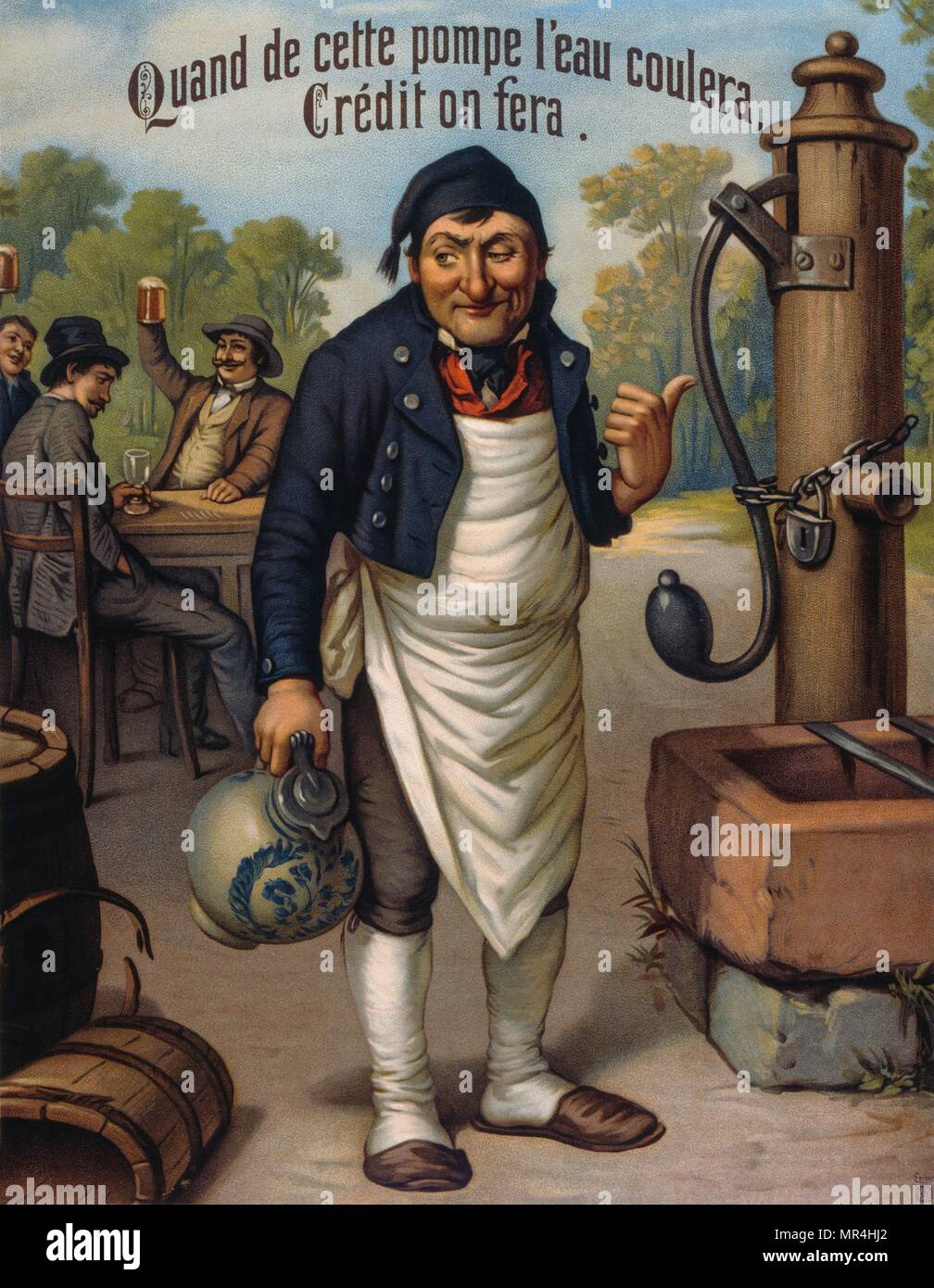 19ème siècle illustration française d'un article par un barman et enchaîné pompe à eau comme les hommes boivent de la bière. Banque D'Images