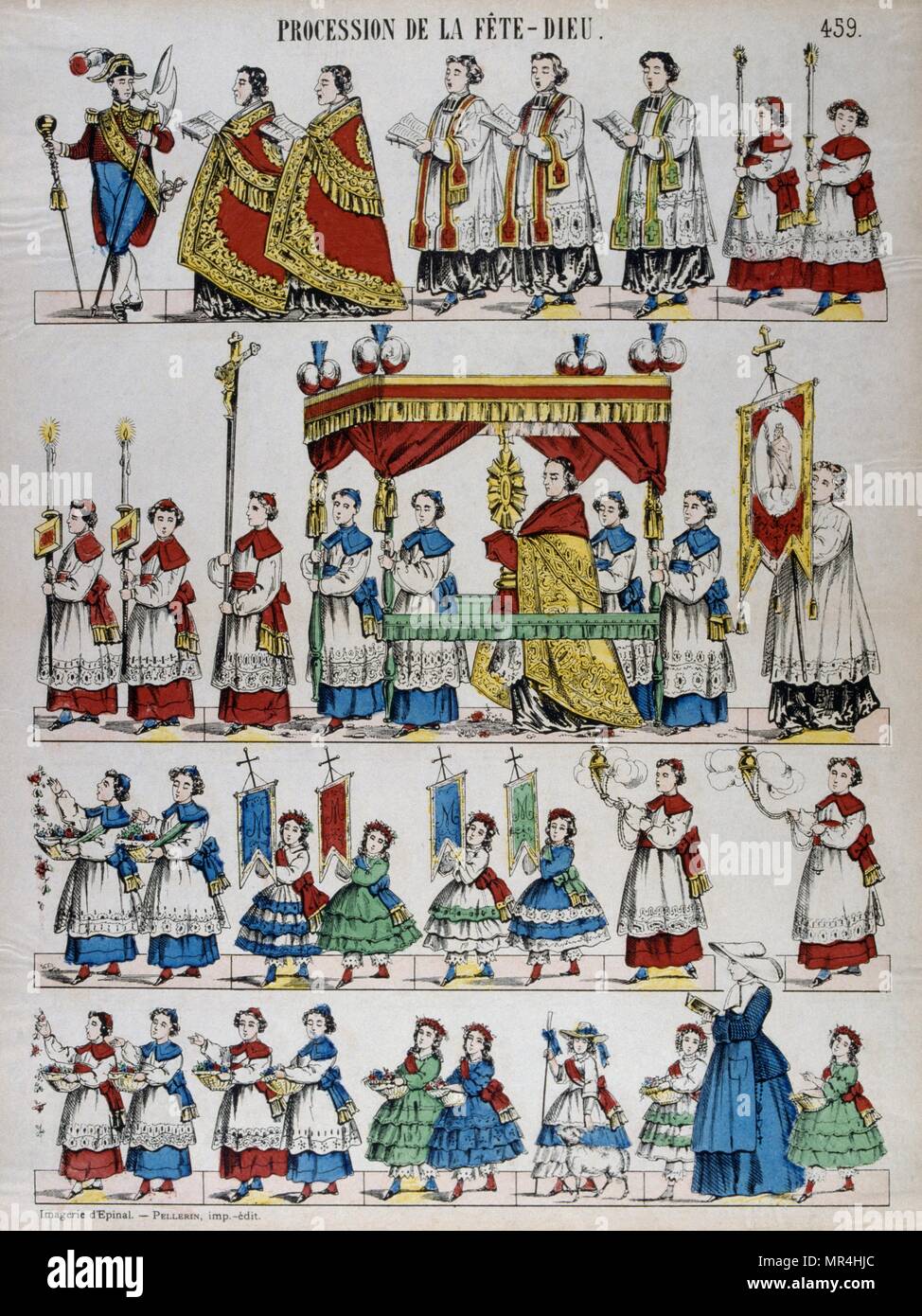 Gravure sur bois en couleur illustration montrant une procession religieuse catholique des prêtres, des enfants et de l'encens. Le français vers 1850 Banque D'Images