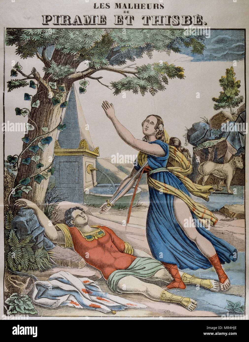 Illustration couleur montrant Pyramus et Thisbe, une paire d'amants malheureux dont l'histoire fait partie d'Ovide. Le français vers 1850 Banque D'Images