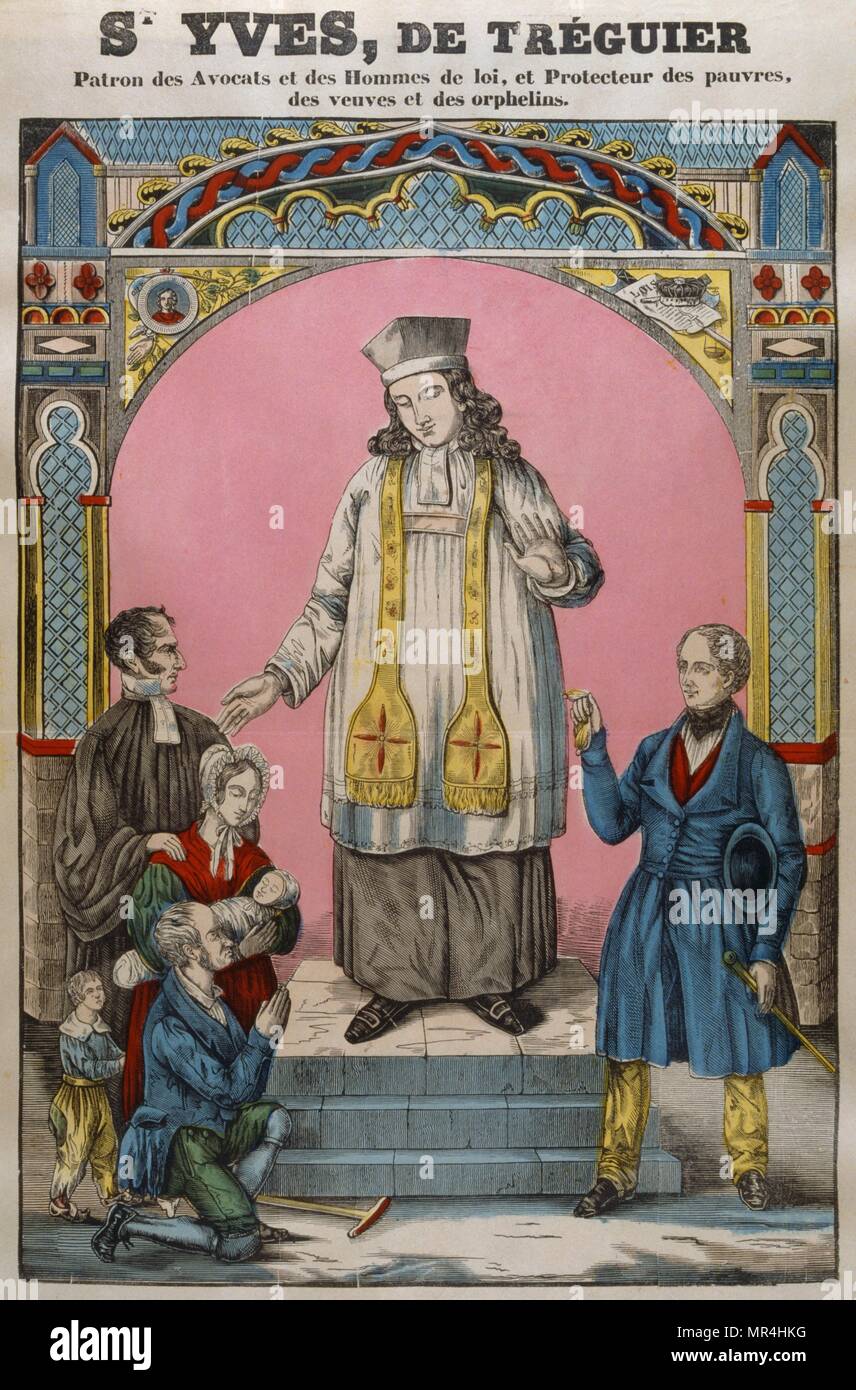 Le français du 19e siècle, sur bois de couleur illustration montrant Saint Ivo de Kermartin (1253 - 1303), aussi connu Yvo ou Ives, était un prêtre parmi les pauvres de Louannec, et le patron de la Bretagne, des avocats et des enfants abandonnés. Banque D'Images