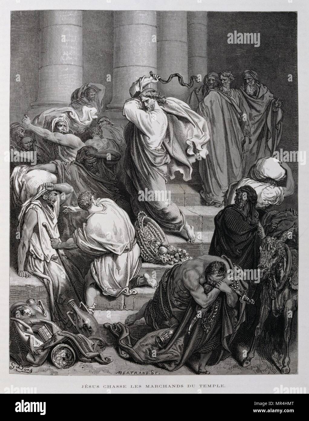 Illustration gravée montrant Christ expulsant traders du Temple. Par Gustave Dore (1832 - 1883) un artiste et illustrateur français. 1855 Banque D'Images