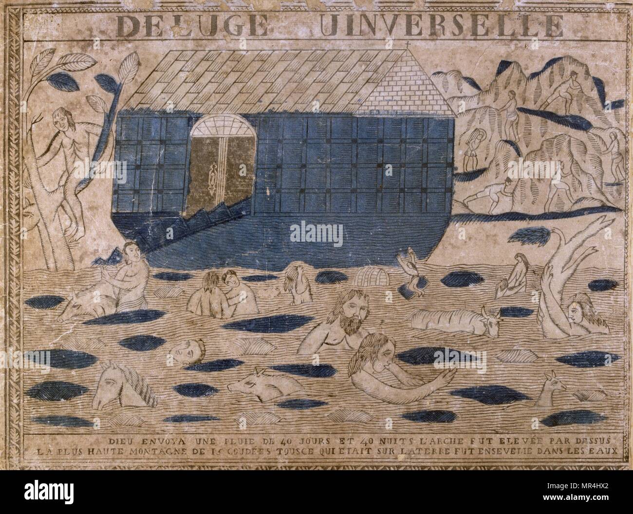 Gravure sur bois du 19e siècle français montrant l'arche de Noé et le grand déluge biblique Banque D'Images