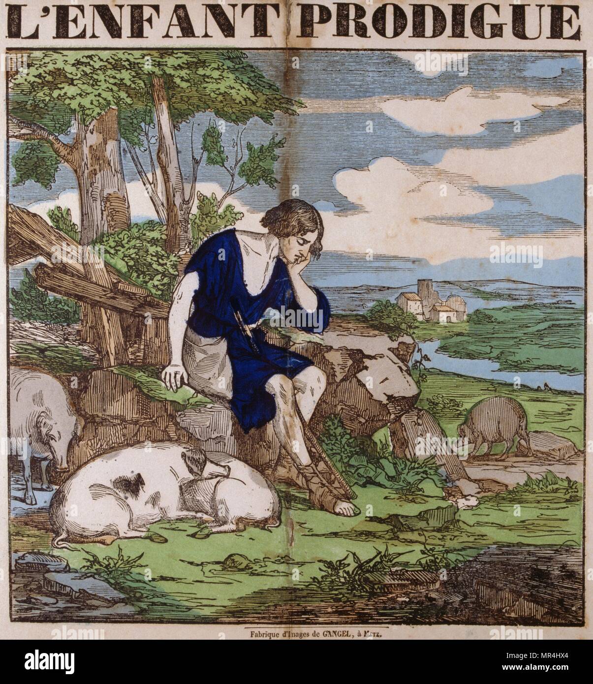 Le fils prodigue, 19e siècle, couleur, illustration de la Bible, Nouveau Testament. 1870. Dans l'histoire, un père a deux fils. Le plus jeune fils, demande son héritage et après avoir gaspillé sa fortune (le mot 'fils prodigue' signifie 'gaspillage extravagant"), devient sans ressources. Il revient à la maison avec l'intention de mendier son père à faire l'un de ses serviteurs, s'attendant à ce que sa relation avec son père est probablement coupée. Le père l'accueille de nouveau et célèbre son retour. Banque D'Images