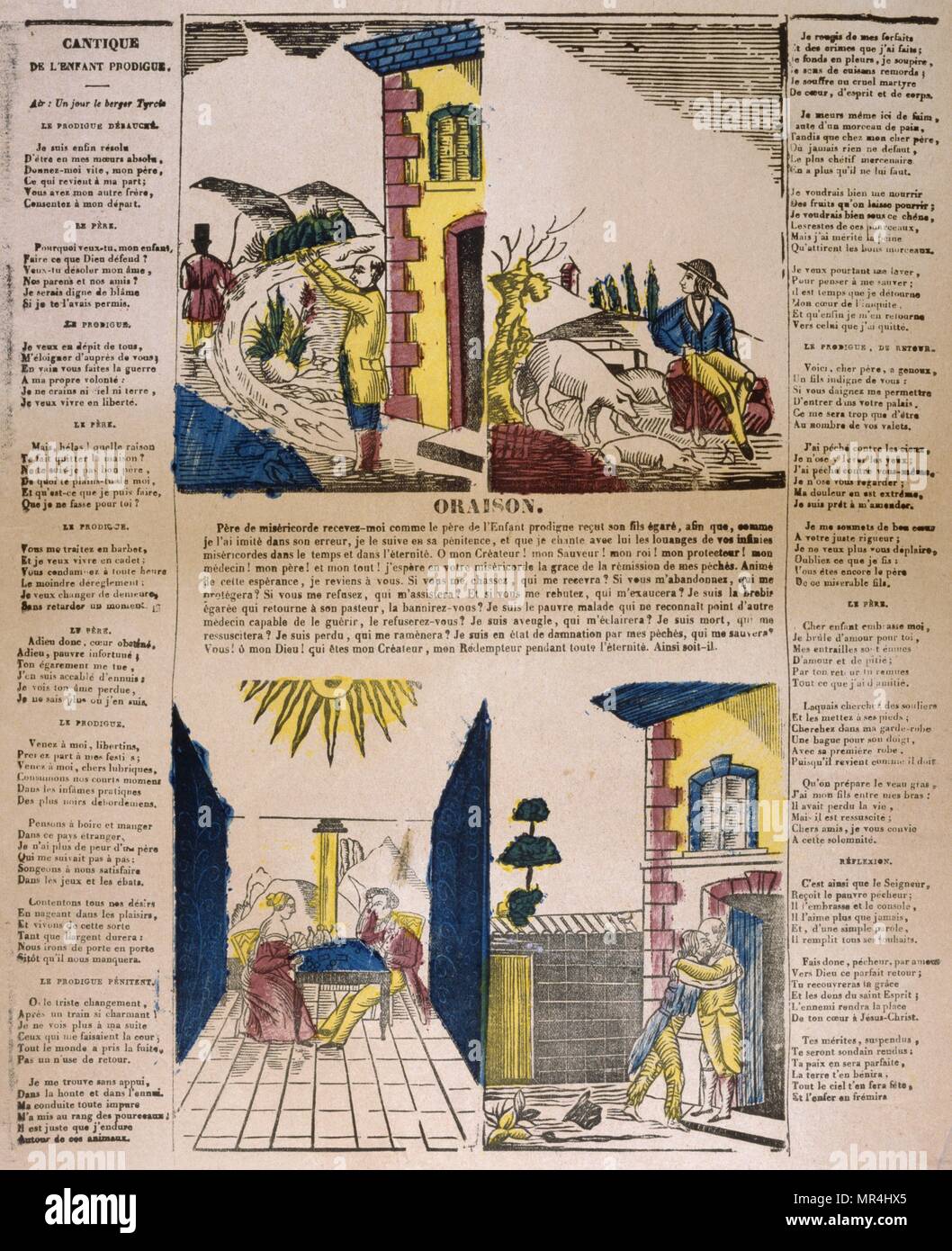 Le fils prodigue, 19e siècle, couleur, illustration de la Bible, Nouveau Testament. 1840. Dans l'histoire, un père a deux fils. Le plus jeune fils, demande son héritage et après avoir gaspillé sa fortune (le mot 'fils prodigue' signifie 'gaspillage extravagant"), devient sans ressources. Il revient à la maison avec l'intention de mendier son père à faire l'un de ses serviteurs, s'attendant à ce que sa relation avec son père est probablement coupée. Le père l'accueille de nouveau et célèbre son retour. Banque D'Images