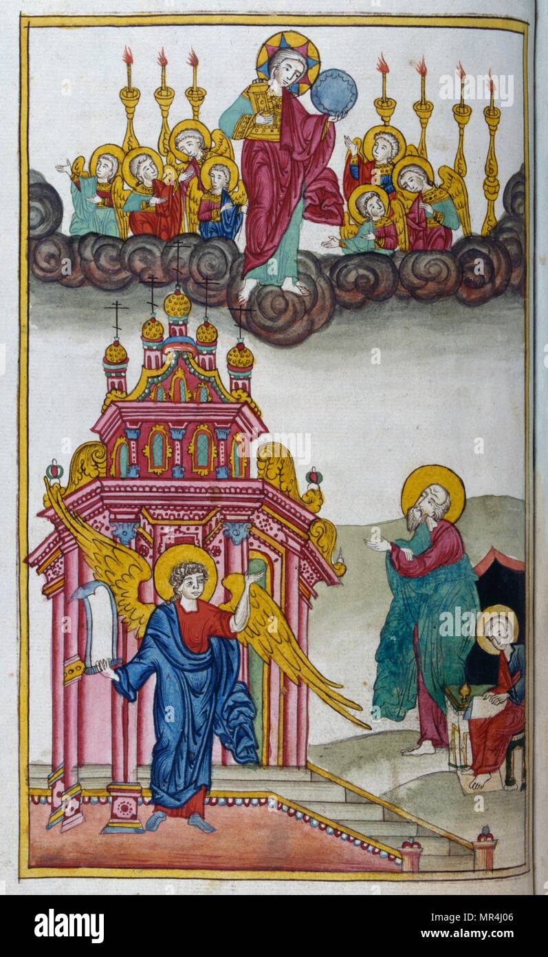 Le slavon russe orthodoxe chrétien, illustrant l'Apocalypse miniature de St Jean. Vers 1750 Banque D'Images