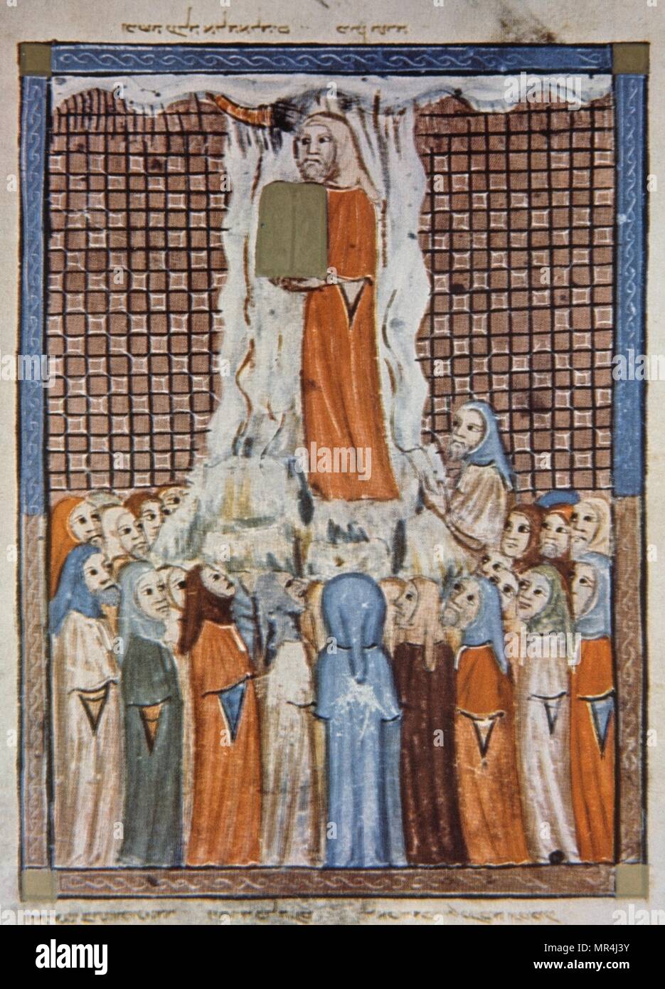 Moïse présente les Dix Commandements pour les Juifs. Illustration de la Haggadah de Sarajevo. Un 14e siècle manuscrit juif et un chef-d'illustration de Catalogne, créée à Barcelone, vers 1350, pour une importante famille juive. Banque D'Images