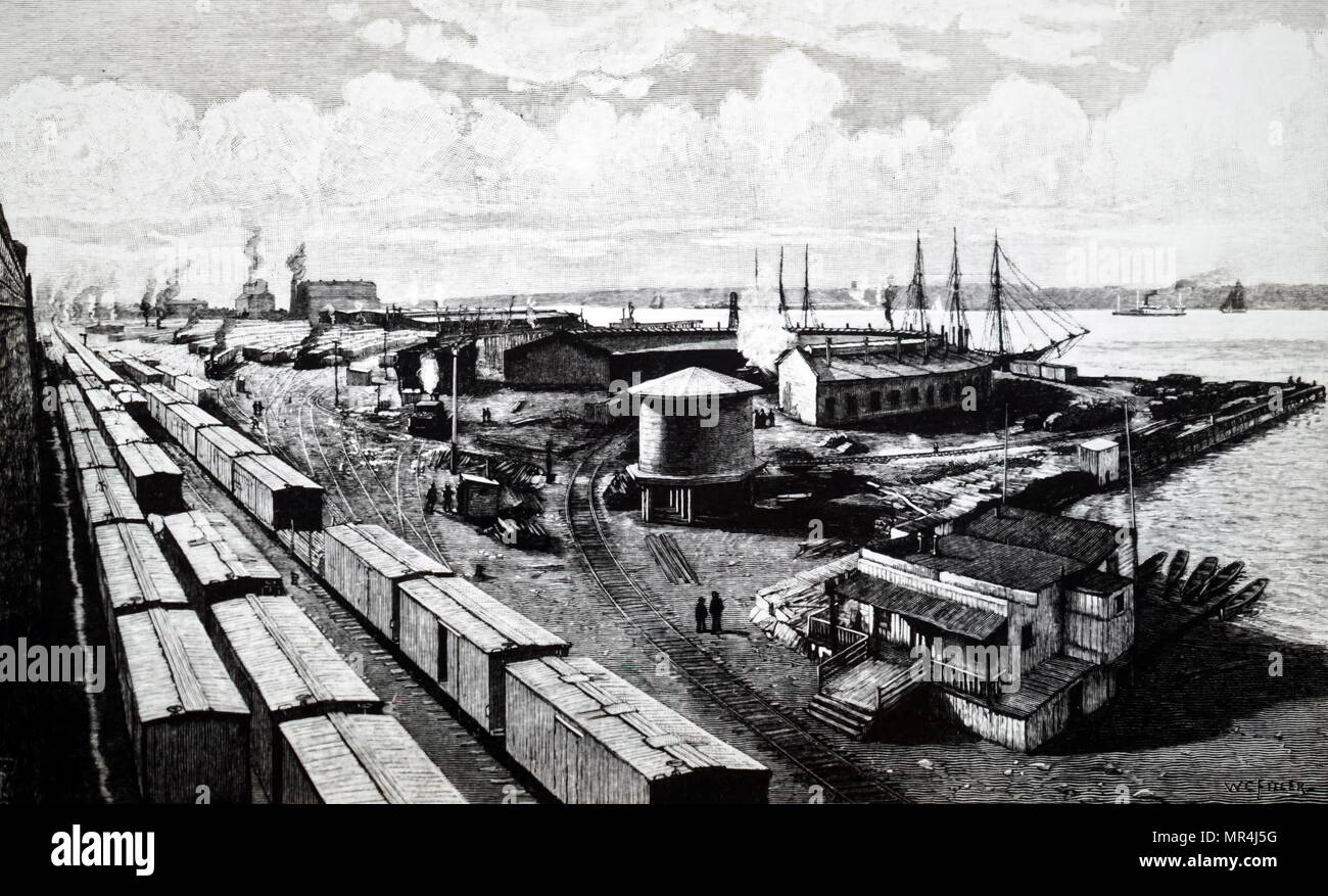 Illustration montrant les gares de marchandises du New York et Hudson River Railroad, soixante-cinquième West Street, New York. En date du 19e siècle Banque D'Images