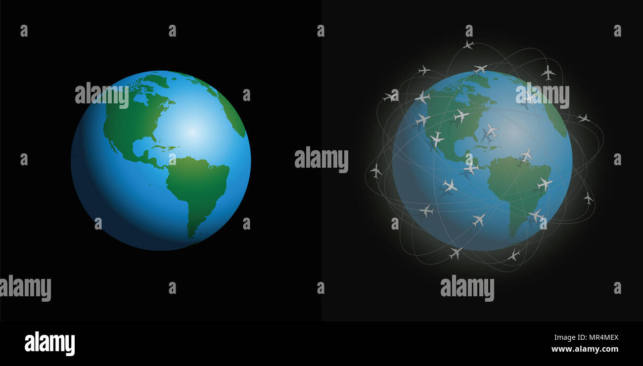 La pollution par les avions et leurs trainées, nos futurs de l'environnement. Nettoyer et sale la planète terre avec atmosphère polluée en comparaison. Banque D'Images