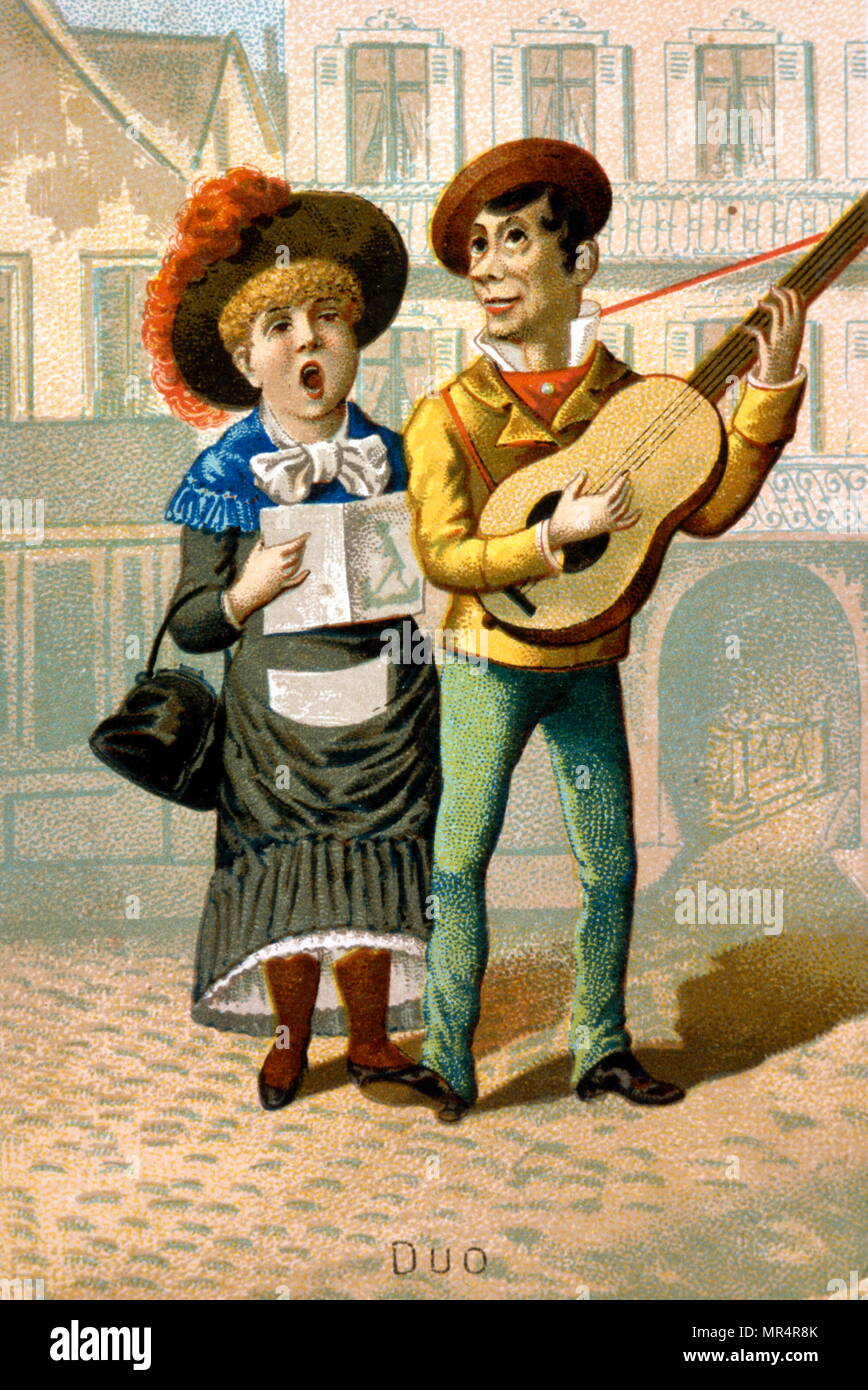 Chromolithographie française montrant deux chanteurs de rue en France l'un jouant de la guitare. Vers 1900 Banque D'Images