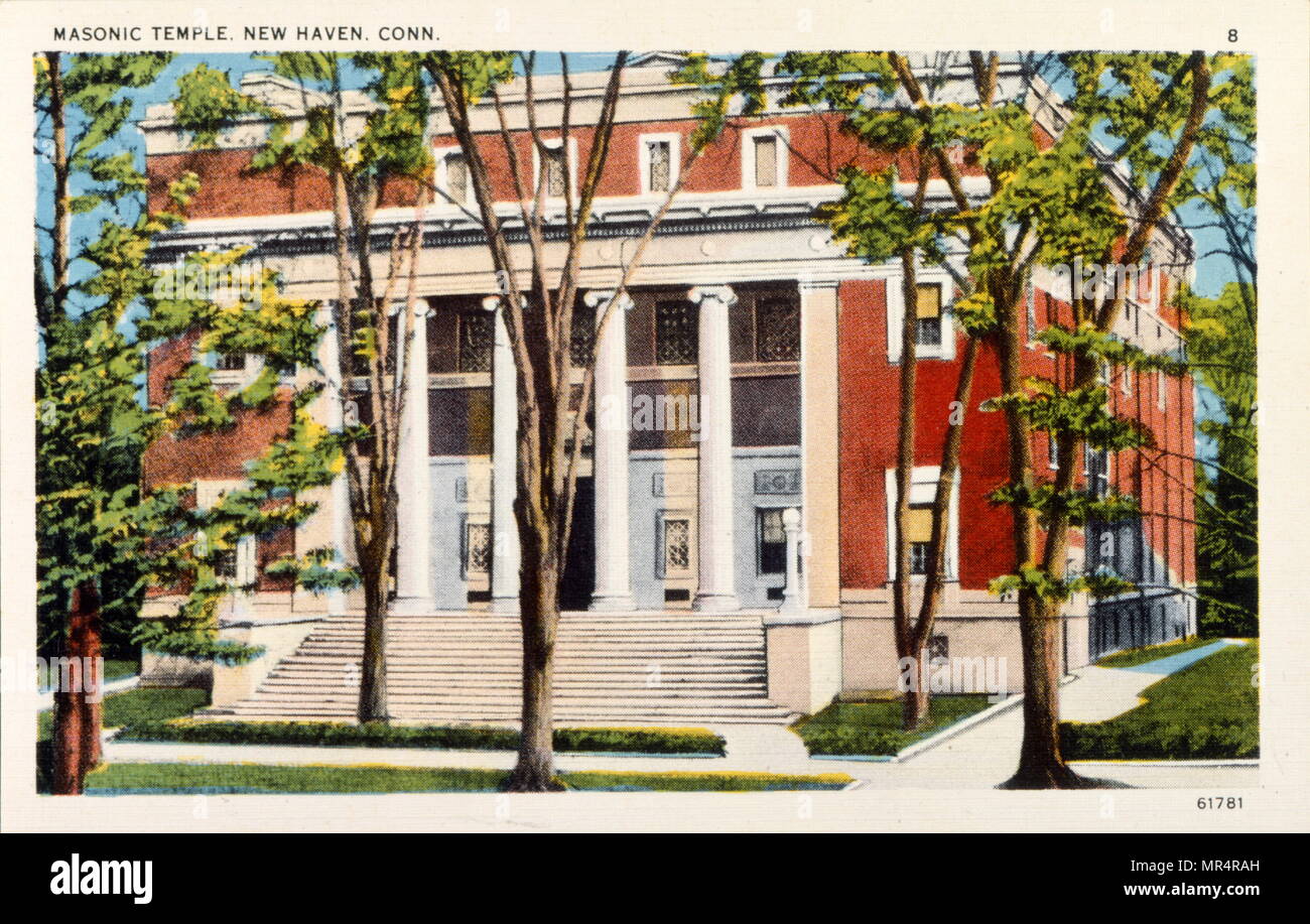 Temple maçonnique à New Haven, Connecticut, USA. Carte postale vers 1920 Banque D'Images