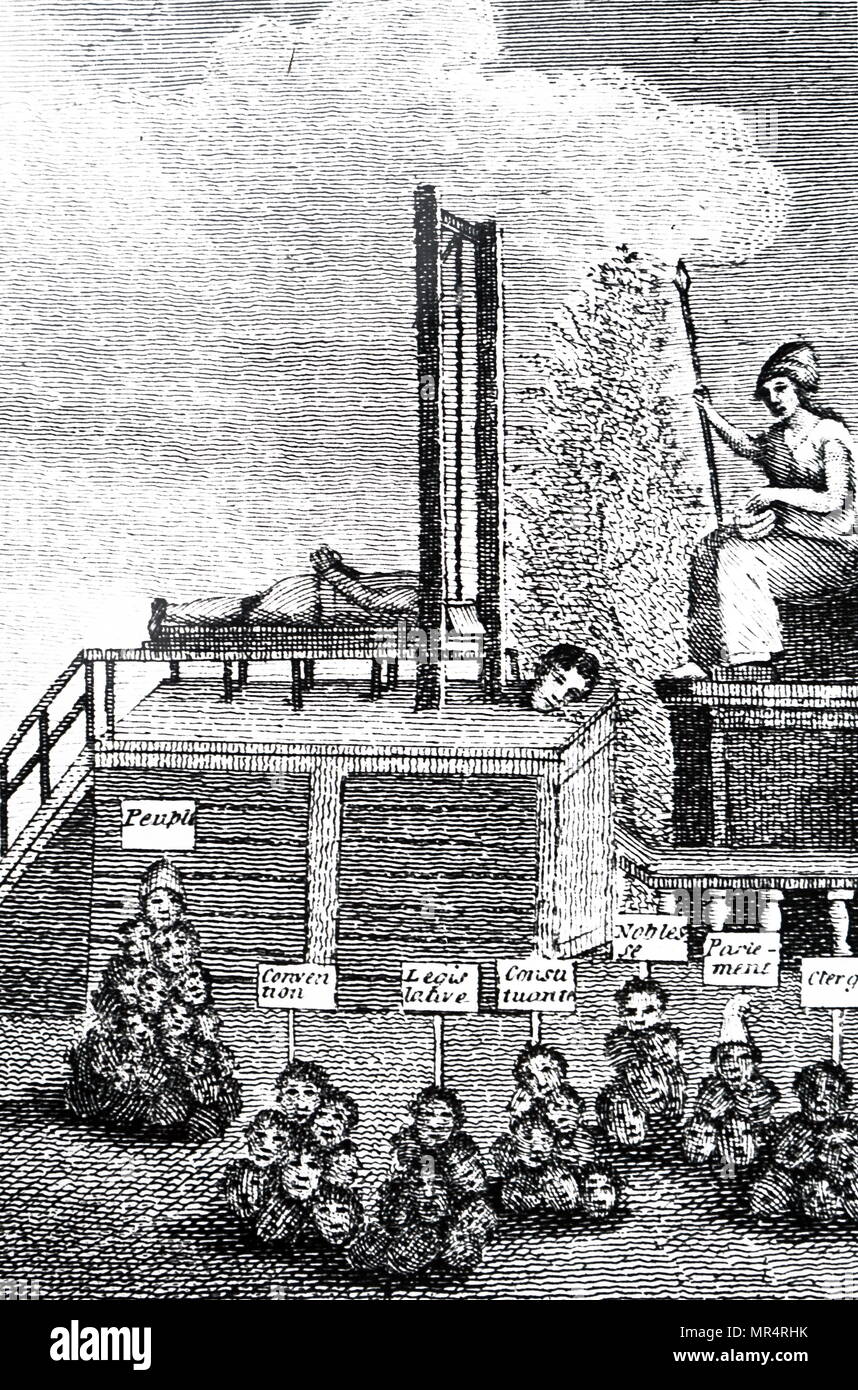 Pièce satirique caricature représentant les victimes de la guillotine. En date du 19e siècle Banque D'Images
