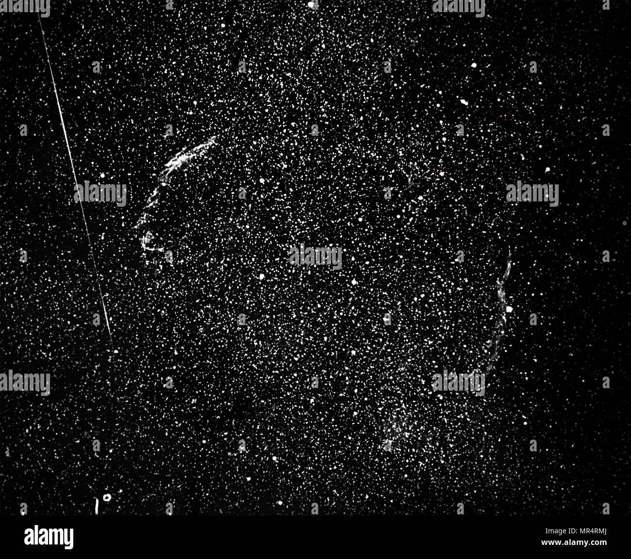 Photographie de la nébuleuses filamenteux dans Cygnus (NGC 6960 & 6962). Ces deux nébuleuses sont les vestiges de l'explosion d'une sphère de gaz émis par une supernova se trouve entre eux plus de 1 000 ans. La ligne du haut à gauche est un météore trail. En date du 20e siècle Banque D'Images