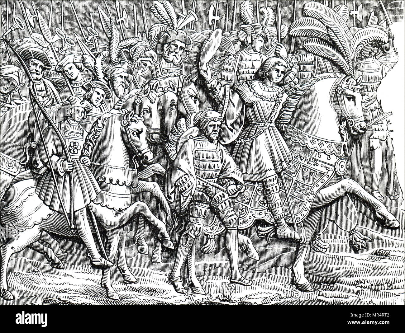 Gravure représentant Henry VIII d'Angleterre et sa suite sur le domaine du Drap d'Or où il a rencontré le roi François I de France. Henry VIII d'Angleterre (1491-1547) le deuxième monarque Tudor. En date du 16e siècle Banque D'Images