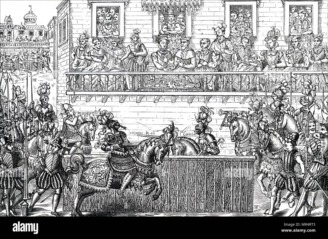La gravure sur bois représentant le roi Henri II de France qui est mortellement blessé lors d'un tournoi. Henri II (1519-1559) un monarque de la maison de Valois qui a gouverné en tant que Roi de France. En date du 16e siècle Banque D'Images