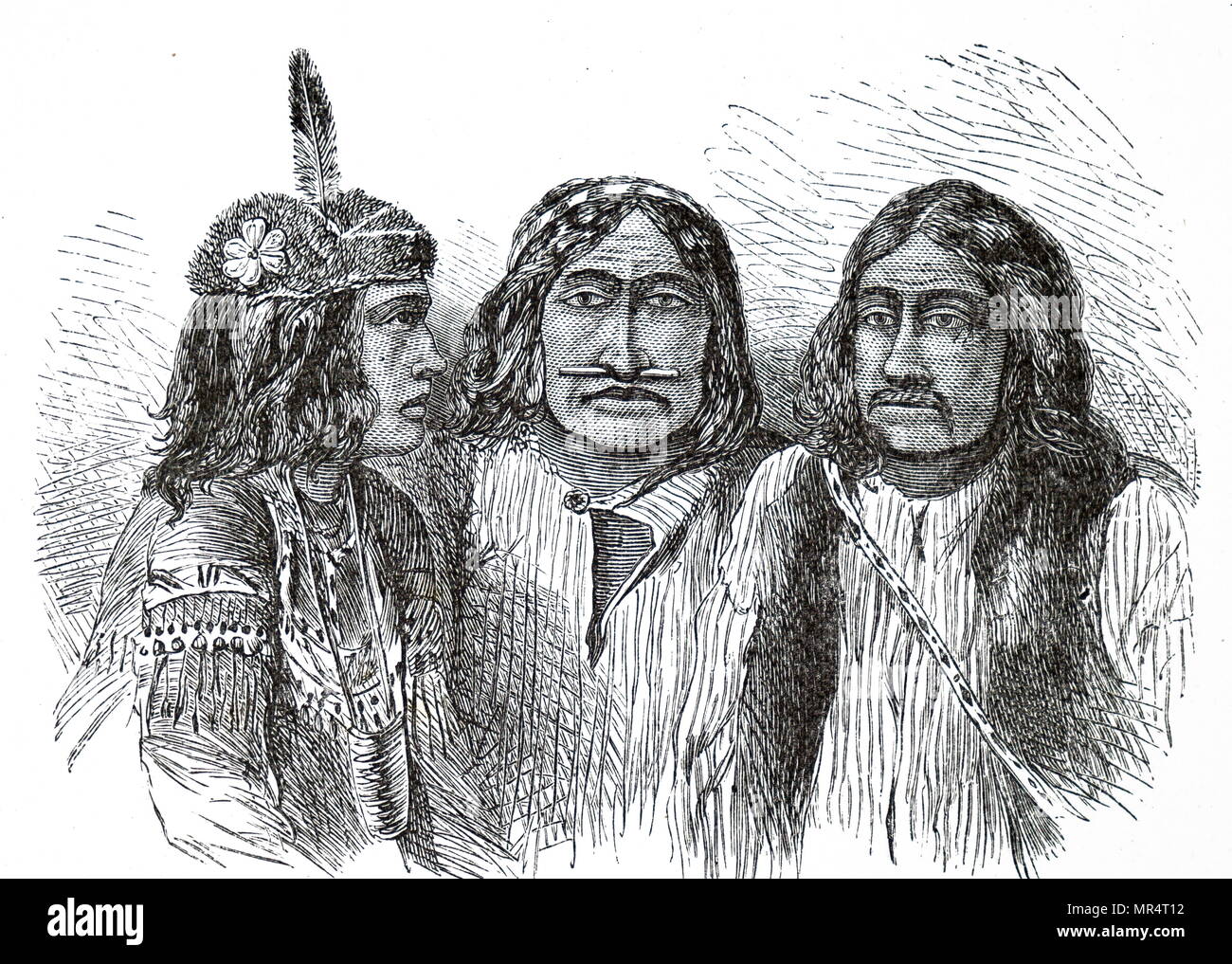 Gravure représentant des Indiens Gwich'in. Les Gwich'in (ou Kutchin) sont une expression de l'Athabaskan des Premières Nations du Canada et les Autochtones de l'Alaska. En date du 19e siècle Banque D'Images