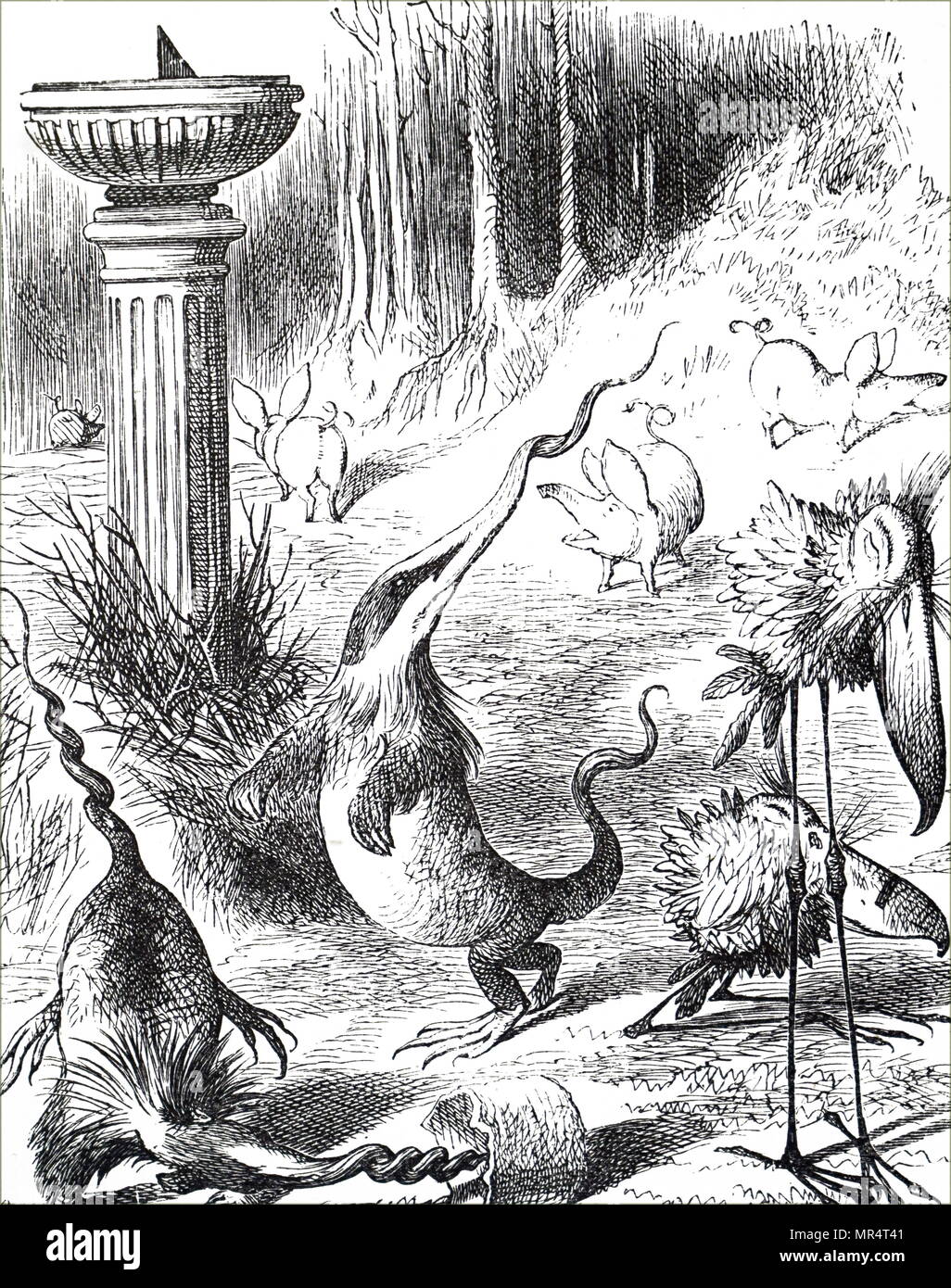 Illustration représentant une scène de Lewis Carroll, dans de l'autre côté, "et ce qu'Alice a trouvé là' - Humpty Dumpty explique le poème Jabberwocky à Alice. Toves sont comme les blaireaux avec tire-bouchon nez, et faire leur nid sous cadrans solaires. L'Illustre John Tenniel (1820-1914), un illustrateur anglais, graphique, humoriste et caricaturiste politique. En date du 19e siècle Banque D'Images