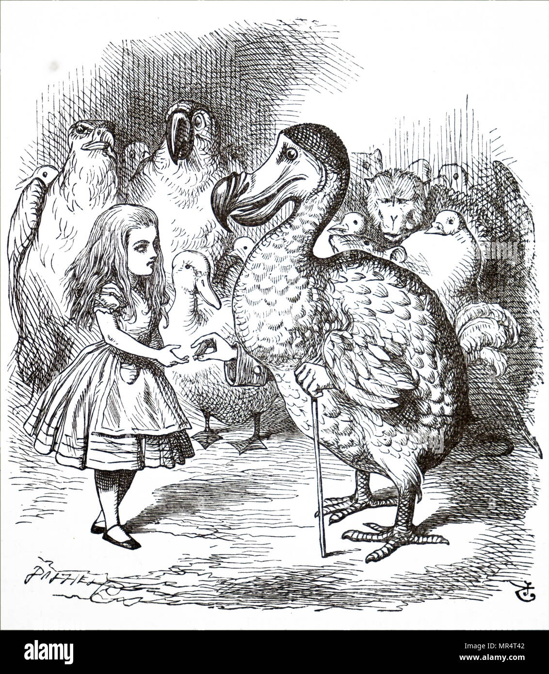 Illustration représentant une scène de Lewis Carroll, dans de l'autre côté, "et ce qu'Alice a trouvé là' - Alice, ayant pris part à la course du caucus, dans lequel, selon le Dodo, 'Tout le monde a gagné, et tous ont des prix est présenté avec son propre dé comme sa récompense. L'Illustre John Tenniel (1820-1914), un illustrateur anglais, graphique, humoriste et caricaturiste politique. En date du 19e siècle Banque D'Images