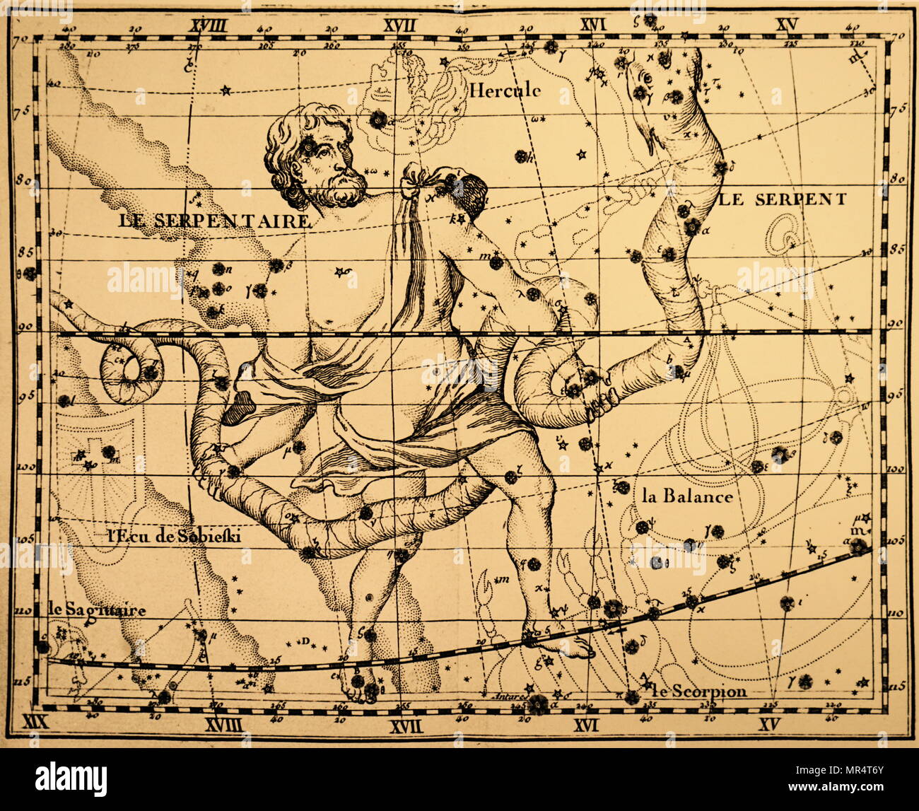 Gravure représentant la constellation d'Ophiuchus (Serpent-Bearer). Ophiuchus est une grande constellation situé autour de l'équateur céleste. En date du 18e siècle Banque D'Images