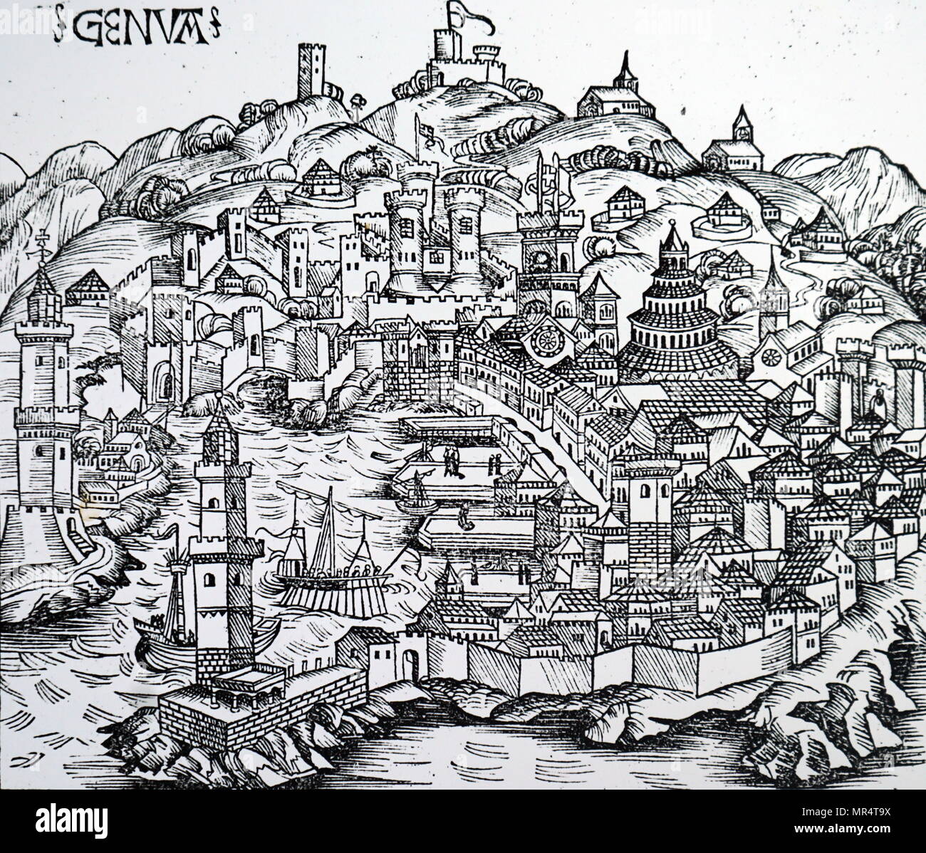 Gravure sur bois représentant un aperçu de Genève, montrant une cuisine et un voilier dans le port, et les jetées et les entrepôts à quai pour l'entreposage des marchandises déchargées de bateaux commerciaux. En date du 15e siècle Banque D'Images
