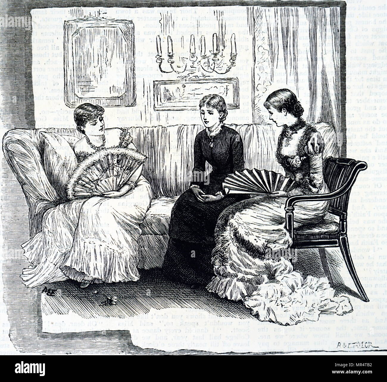 Illustration de riches jeunes femmes à l'aide de ventilateurs pour eux-mêmes. Illustré par Mary Ellen Edwards (1838-1934) un artiste anglais et illustrateur de livres pour enfants. En date du 19e siècle Banque D'Images