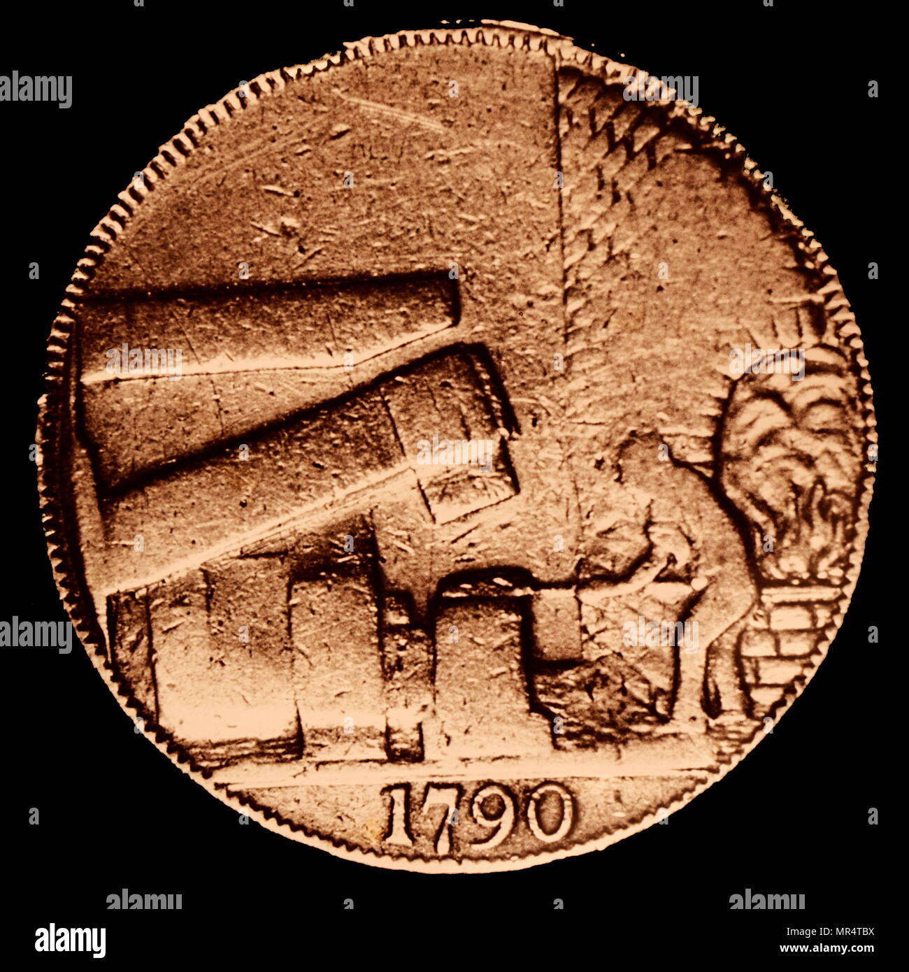 Jeton commerce Penny publié par John Wilkinson, forgées avec une inclinaison-marteau. John Wilkinson (1728-1808), un industriel français, pionnier de la fabrication de la fonte et de l'utilisation de la fonte marchandises pendant la révolution industrielle. En date du 18e siècle Banque D'Images