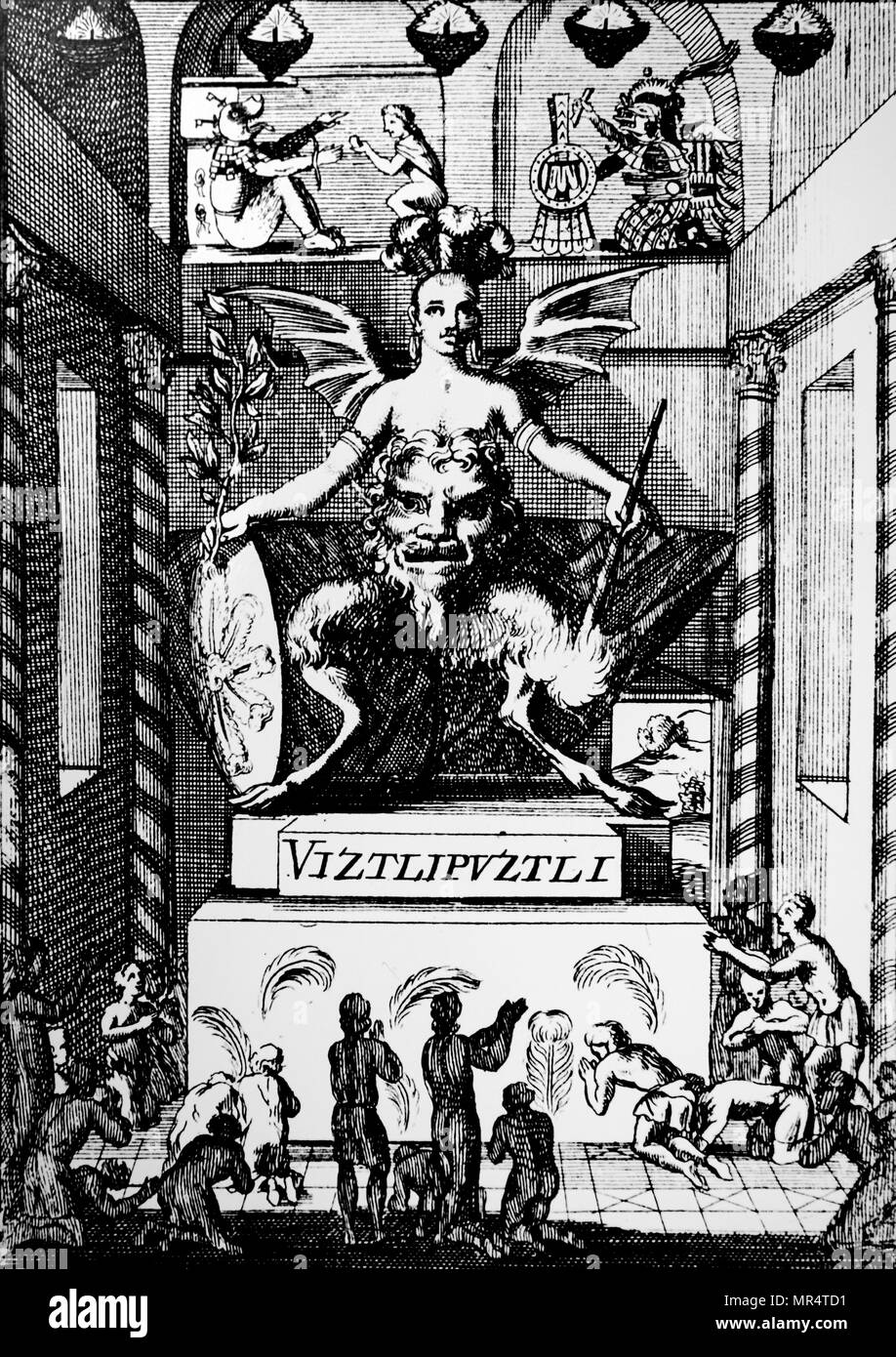 Gravure représentant le dieu Soleil Aztèque Huitzilopochtli. En date du 17e siècle Banque D'Images