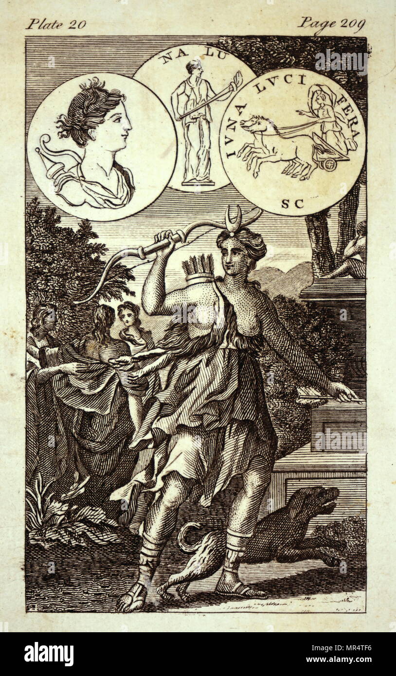 Gravure représentant la déesse romaine antique Diana. Diana était la déesse de la chasse, de la lune, et la nature. En date du 19e siècle Banque D'Images