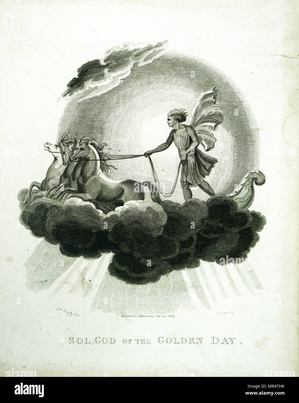 Gravure représentant Hélios, le Dieu Soleil dans la mythologie grecque, école son char. En date du 19e siècle Banque D'Images