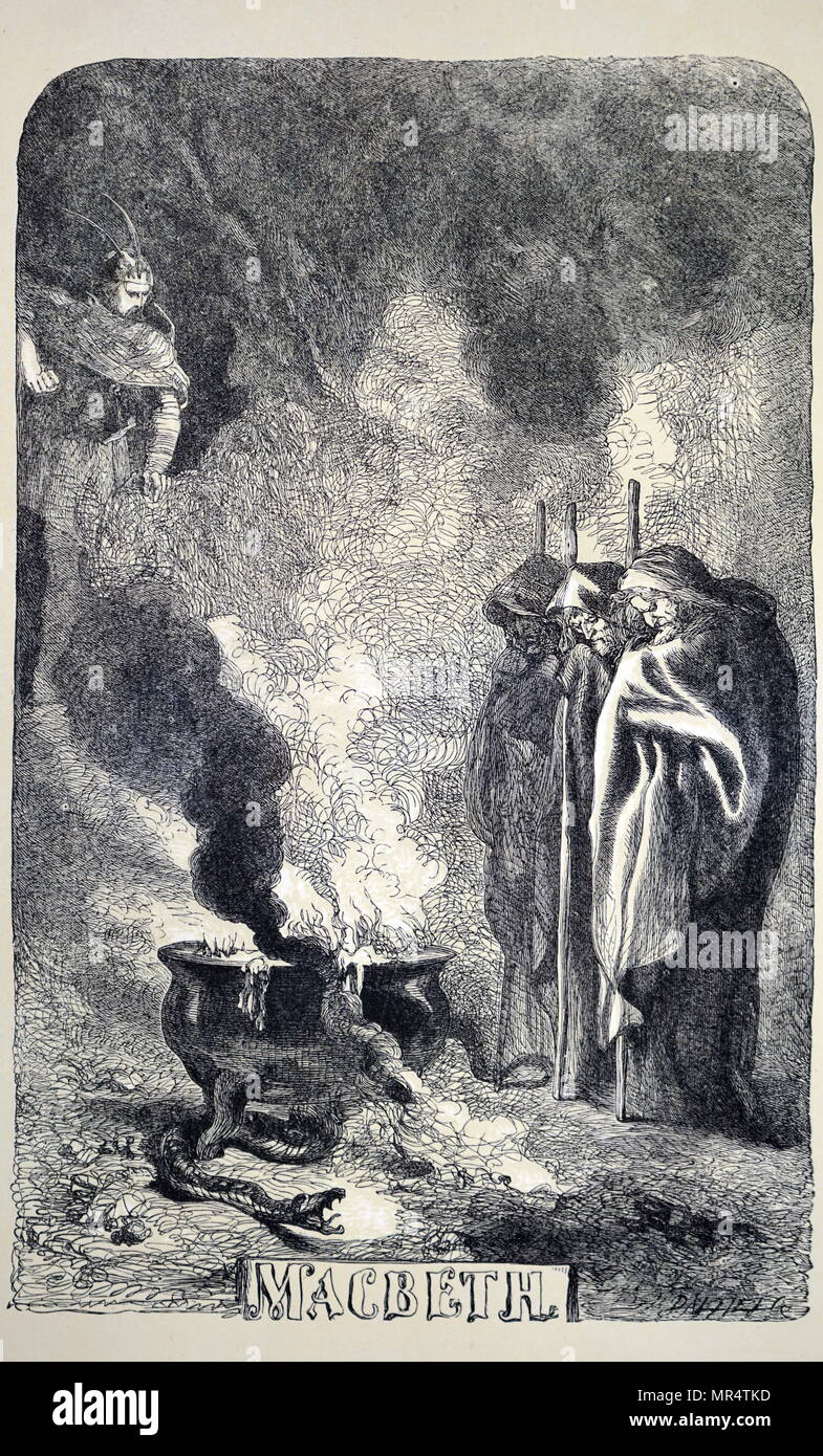 Page de titre de 'Macbeth' par William Shakespeare (1564-1616), un poète anglais, dramaturge, acteur et producteur. Illustré par Sir John Gilbert RA (1817-1897) un artiste anglais, illustrateur et graveur. En date du 19e siècle Banque D'Images