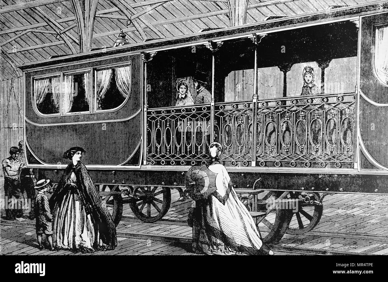 Gravure représentant un transport de première classe belge sur show à l'Exposition internationale de Londres. En date du 19e siècle Banque D'Images