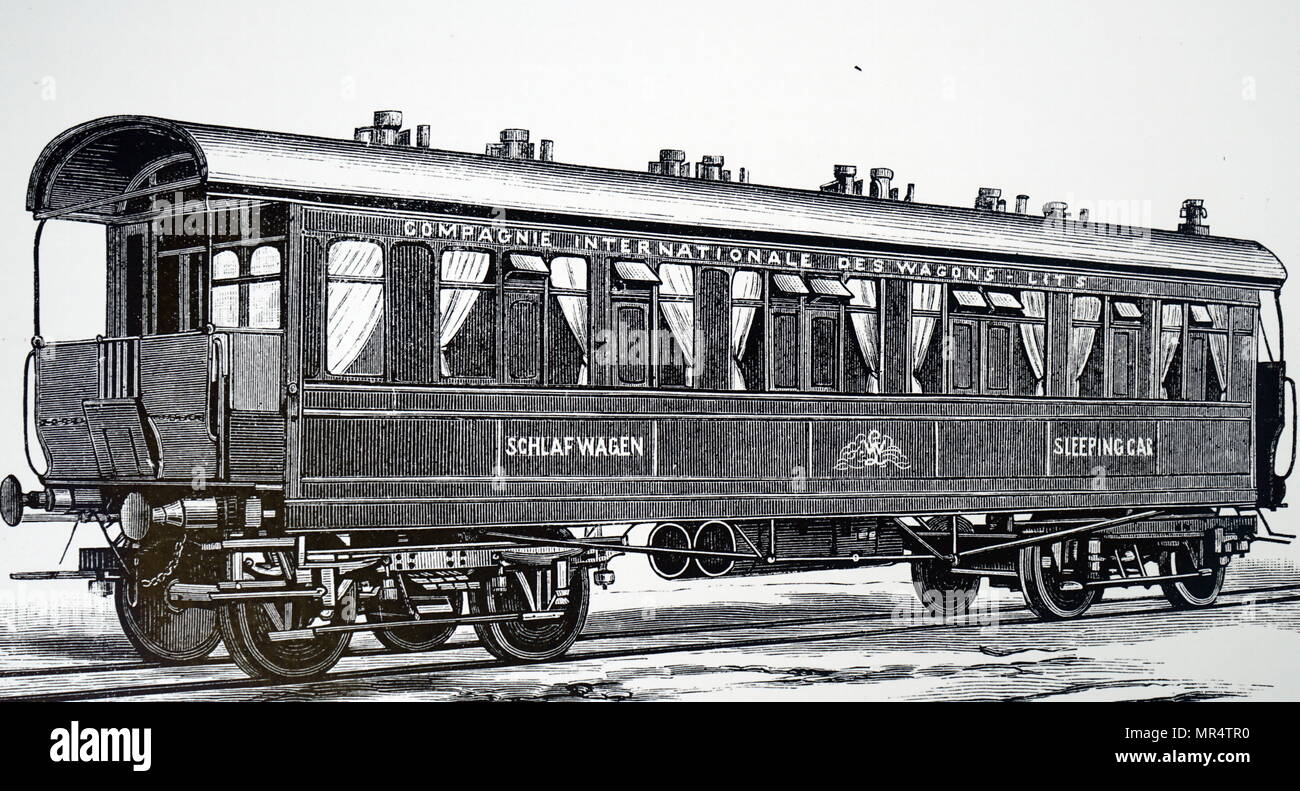 Gravure représentant la vue extérieure d'une voiture-lits de l'Orient Express. En date du 19e siècle Banque D'Images