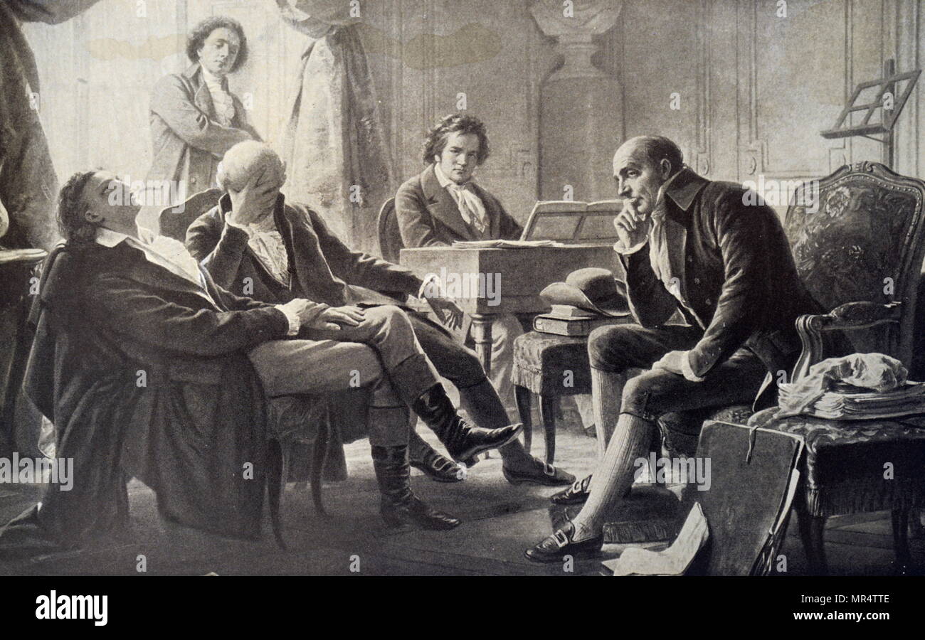 Peinture de Ludwig van Beethoven (1770-1827), un compositeur et pianiste allemand, avec ses amis. Peint par Albert Gräfle (1809-1889) un historique allemand, genre, et portrait painter. En date du 19e siècle Banque D'Images
