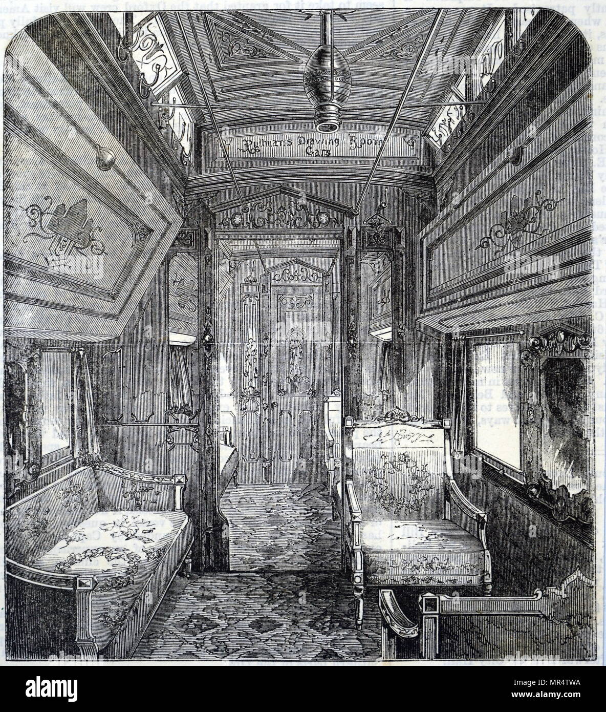 Gravure représentant une voiture salon Pullman. En date du 19e siècle Banque D'Images