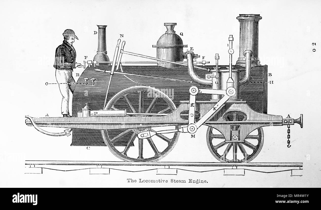 Gravure représentant une locomotive à vapeur. En date du 19e siècle Banque D'Images