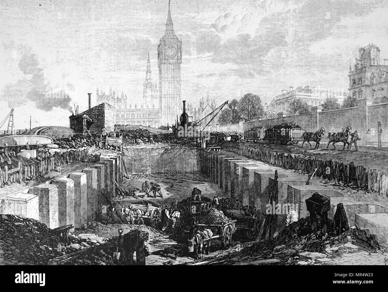 Gravure illustrant le travail sur la Thames Embankment lors de la construction de la ligne de chemin de fer du District Métropolitain. En date du 19e siècle Banque D'Images