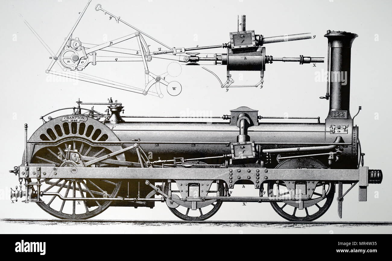 Gravure représentant une locomotive Crampton, conçu par Thomas Russell Crampton. Thomas Russell Crampton (1816-1888) Un ingénieur anglais. En date du 19e siècle Banque D'Images