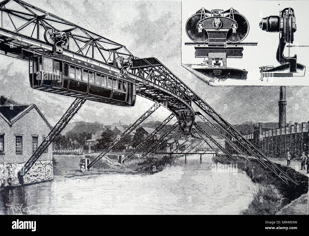 Gravure représentant un système de monorail de frais généraux entre les barmen et Elberfeld-Vohwinkel. Cette section de la ligne passe le long de la rivière Wupper. En date du 20e siècle Banque D'Images