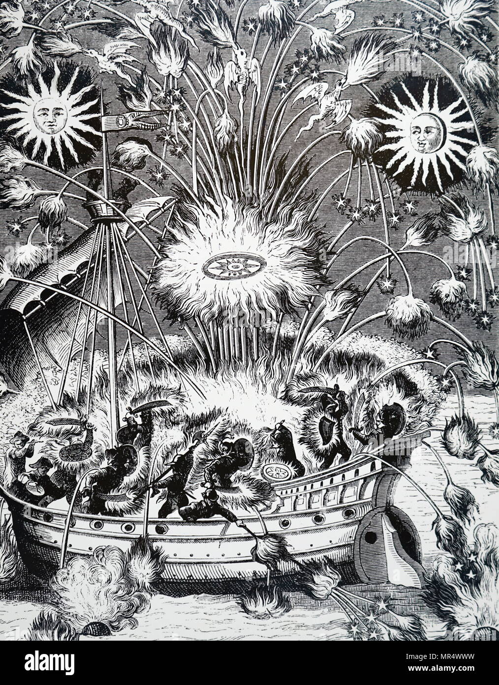 Illustration d'artifices qui imitent une bataille navale. En date du 17e siècle Banque D'Images