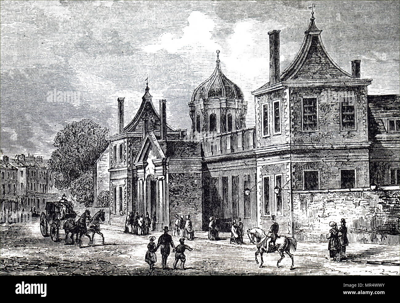 Illustration montrant la vue extérieure de Montagu House, Bloomsbury, a la fin du xviie siècle dans la région de Great Russell Street dans le quartier de Bloomsbury de Londres, qui est devenu le premier accueil du British Museum. En date du 17e siècle Banque D'Images