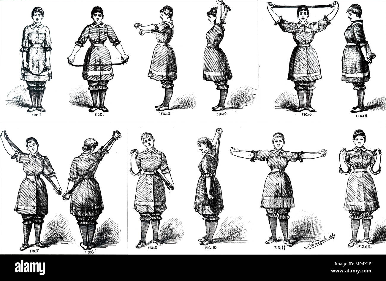 Diagramme illustrant la gymnastique pour les filles. À l'aide d'un extenseur poitrine 'qui peut être produite à tout chirurgien mechanist ou l'entrepôt de caoutchouc'. En date du 19e siècle Banque D'Images