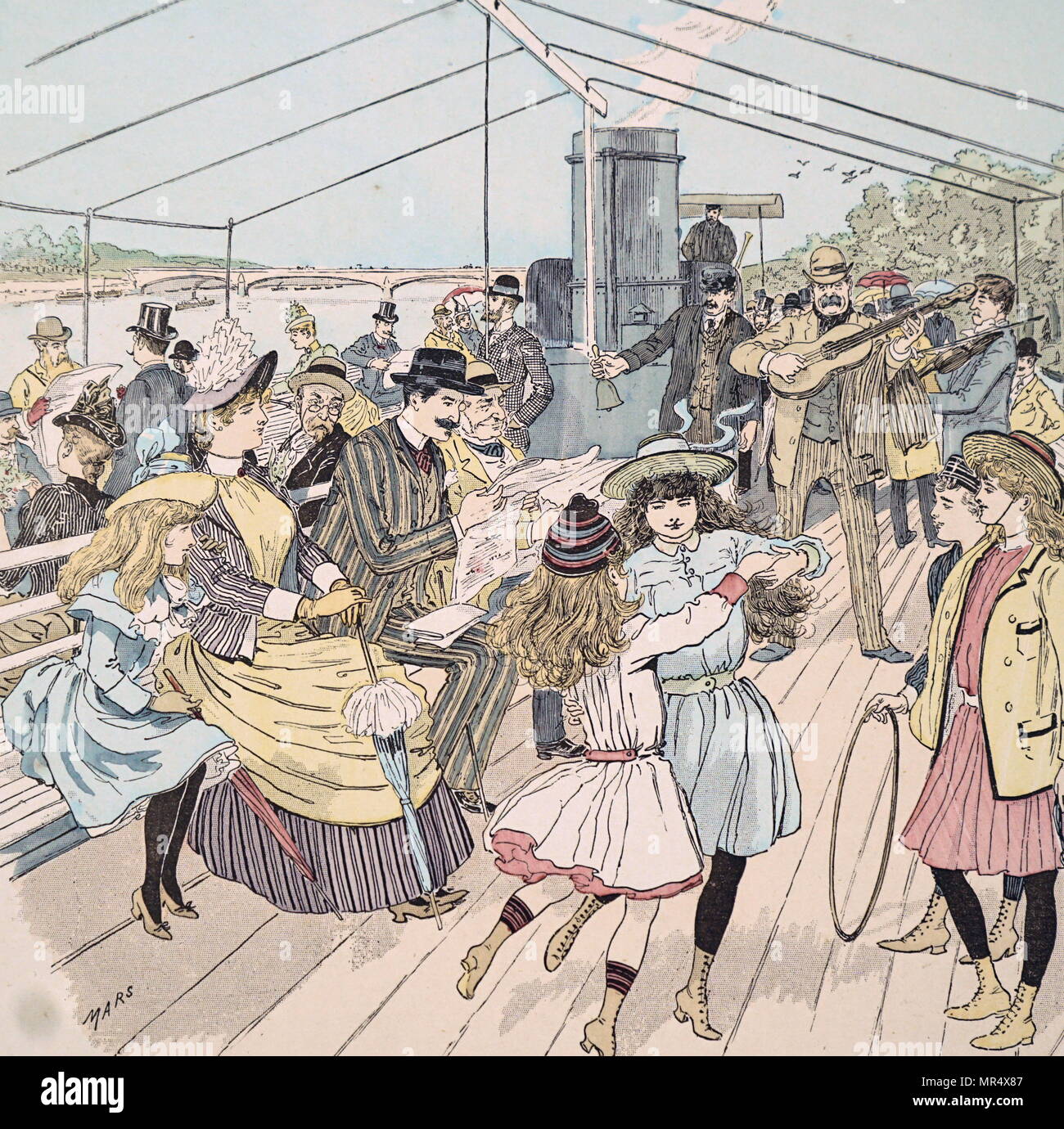 Illustration couleur illustrant les Londoniens bénéficiant voyage le long d'une rivière à Paris sur un bateau de plaisance à vapeur. Illustré par Mars (Maurice Bonvoisin) (1849-1912), un illustrateur français. En date du 19e siècle Banque D'Images