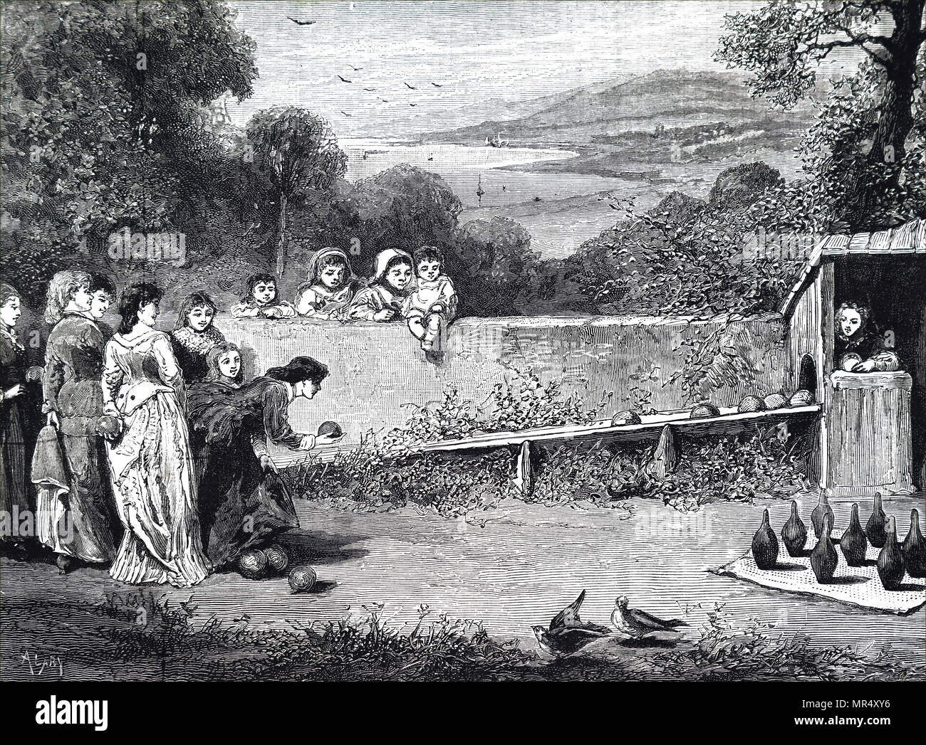 Illustration d'un jeu de bowling en dehors. En date du 19e siècle Banque D'Images