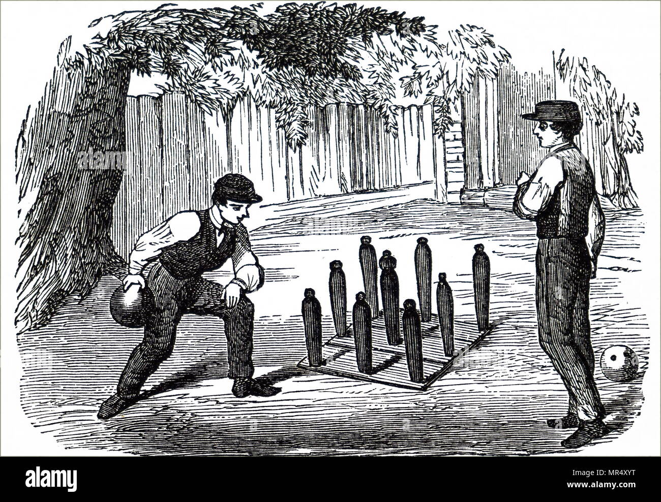 Illustration d'un jeu de bowling en dehors. En date du 19e siècle Banque D'Images