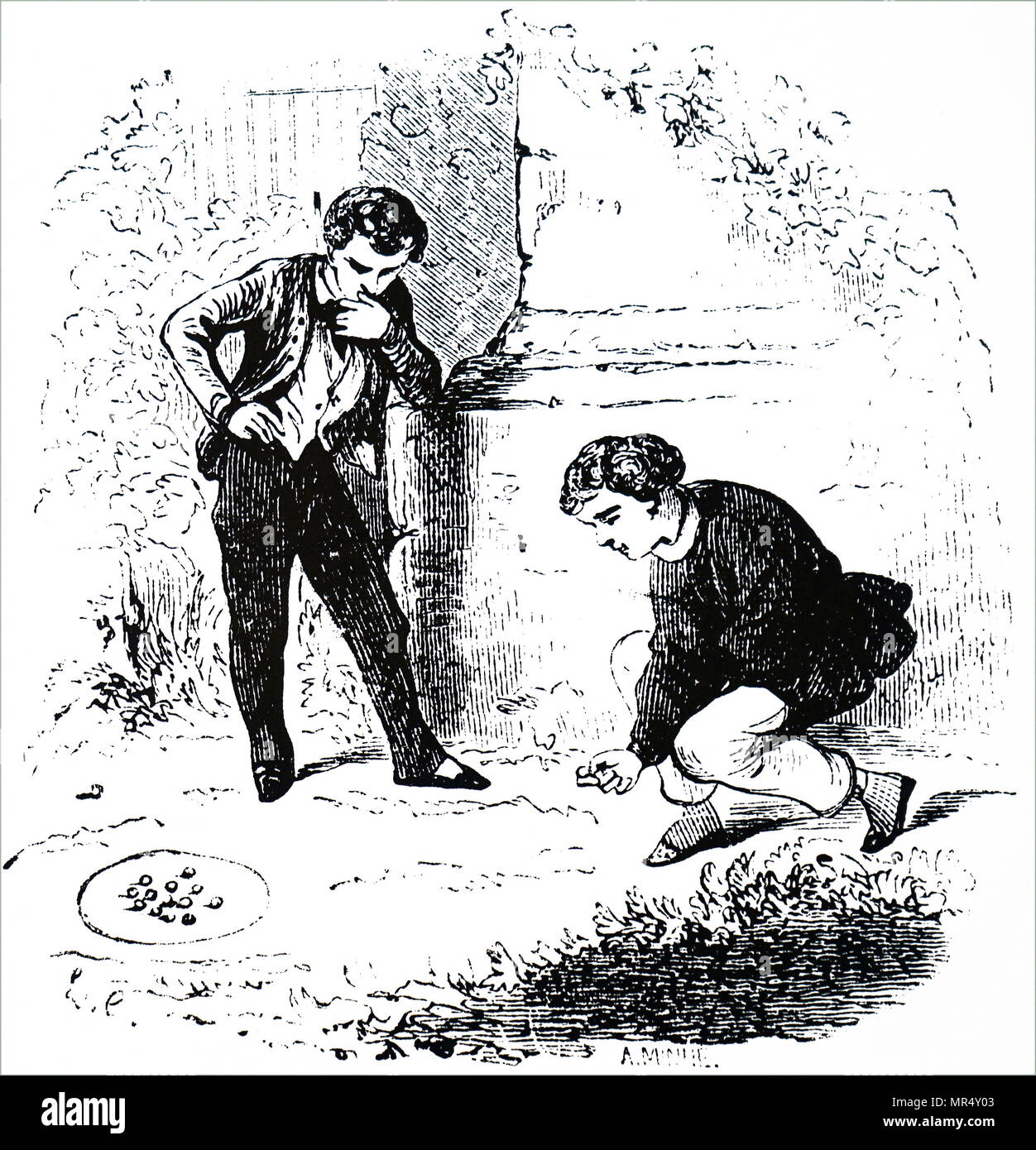 Illustration des garçons jouent à billes. En date du 19e siècle Banque D'Images