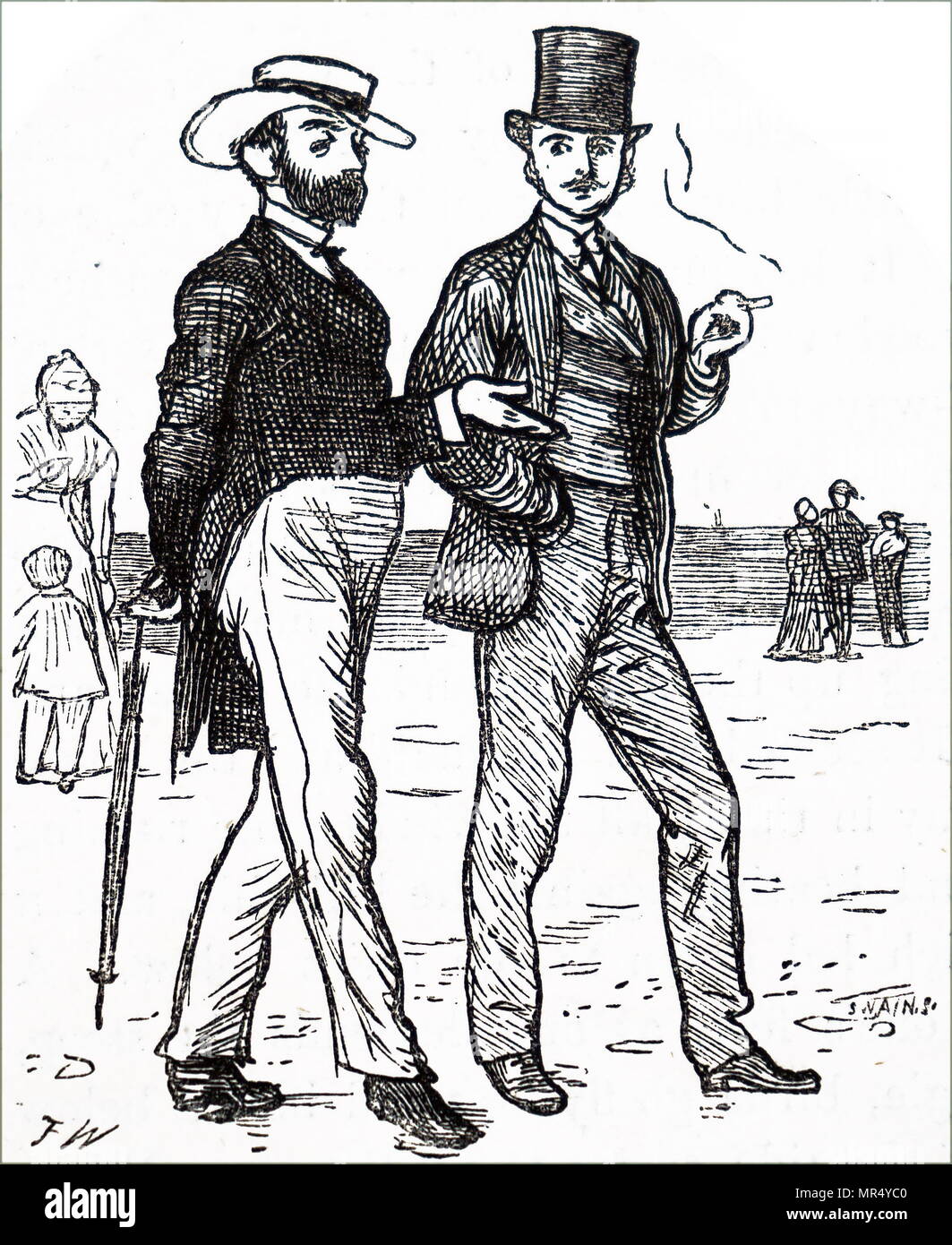 Illustration représentant un Anglais et français dans une station balnéaire en Normandie. En date du 19e siècle Banque D'Images