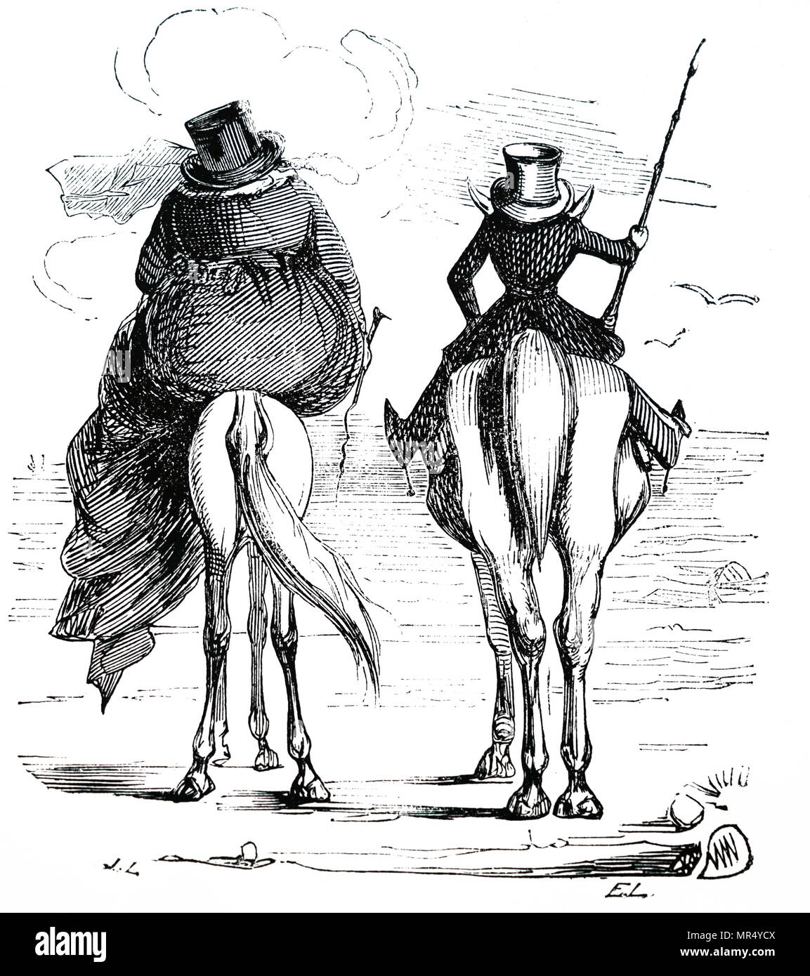 Caricature montrant le gras et le maigre profitant d'une maison de vacances en bord de mer en compagnie conjugale. En date du 19e siècle Banque D'Images