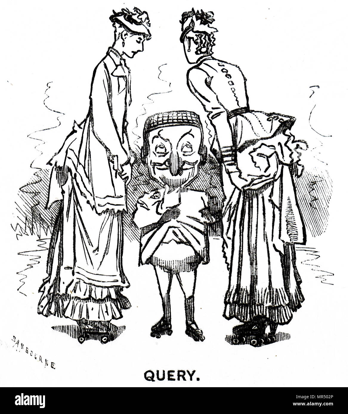 Caricature montrant deux jeunes femmes de roller. En date du 19e siècle Banque D'Images