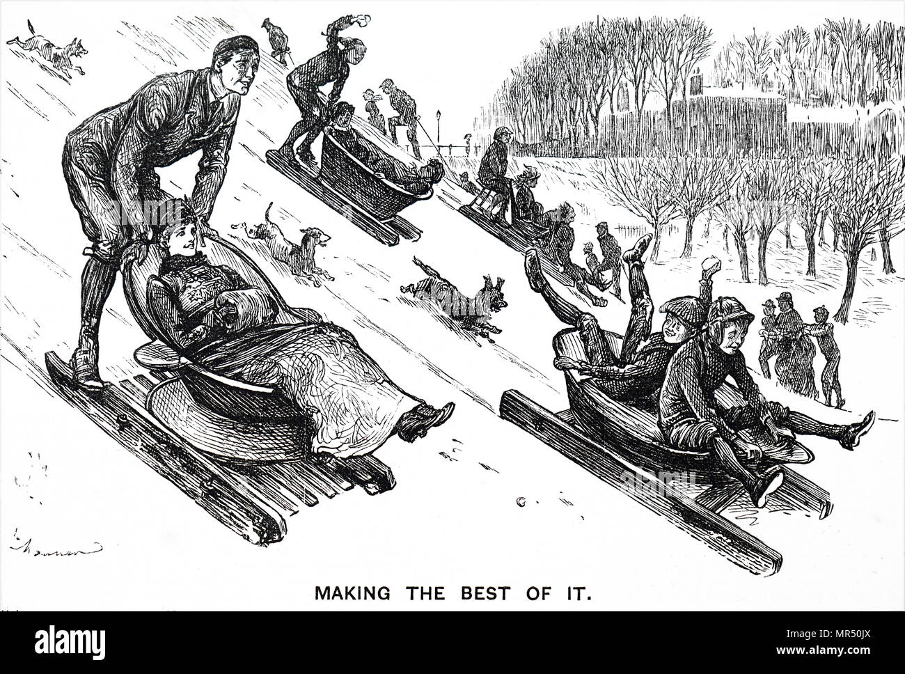 Caricature montrant les gens de la luge faire de la neige. En date du 19e siècle Banque D'Images