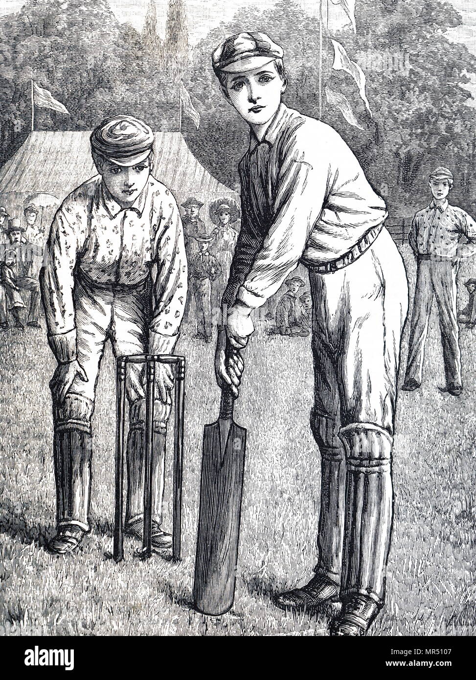 Illustration des écoliers à jouer au cricket à Harrow School. En date du 19e siècle Banque D'Images